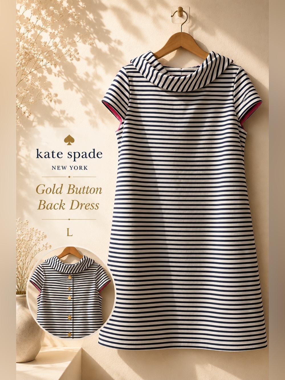 Kate Spade New York Navy White Striped Gold Button Back Shift Dress Size L